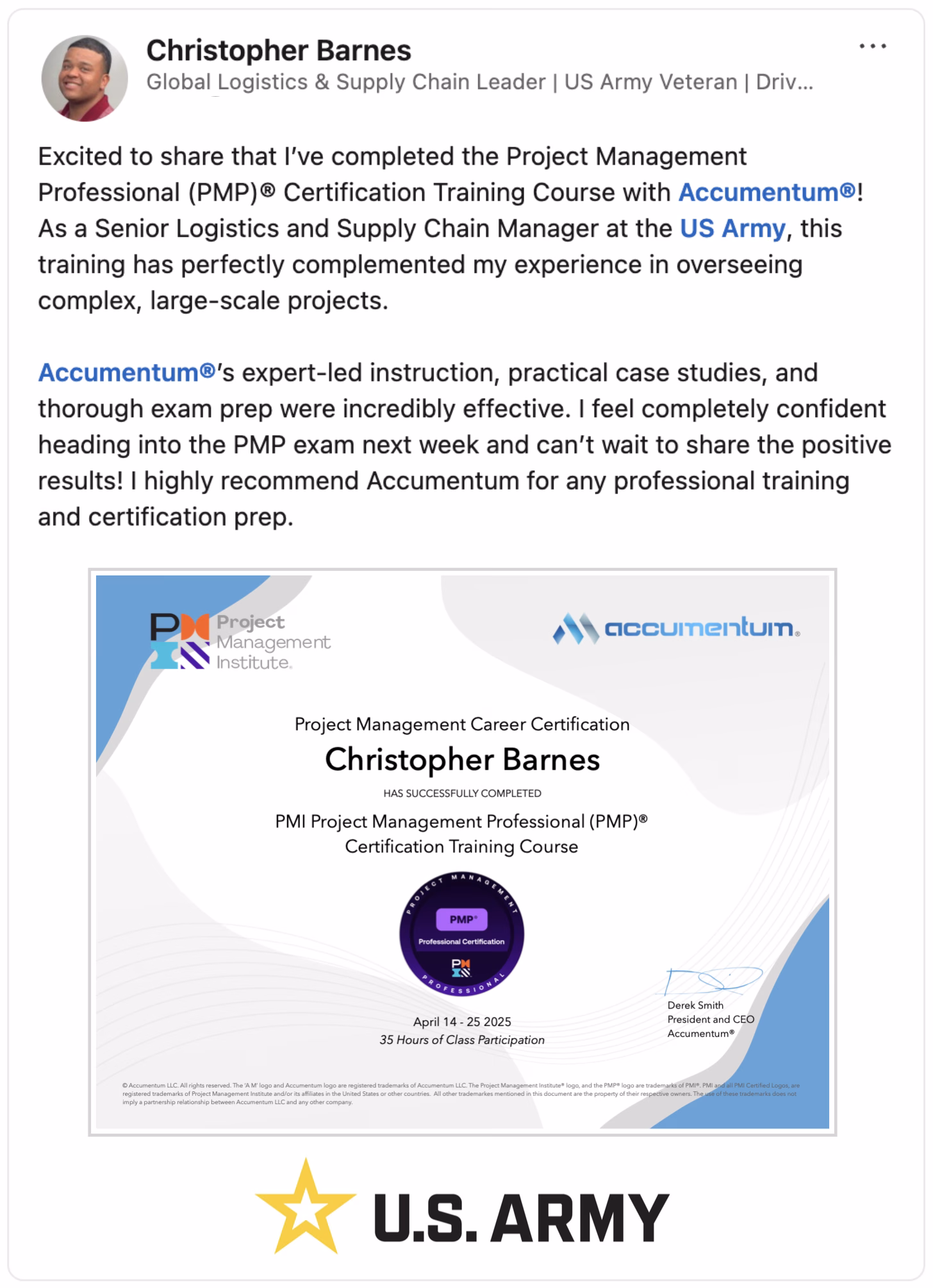 Client Endorsement of Accumentum Project Management Certification Training